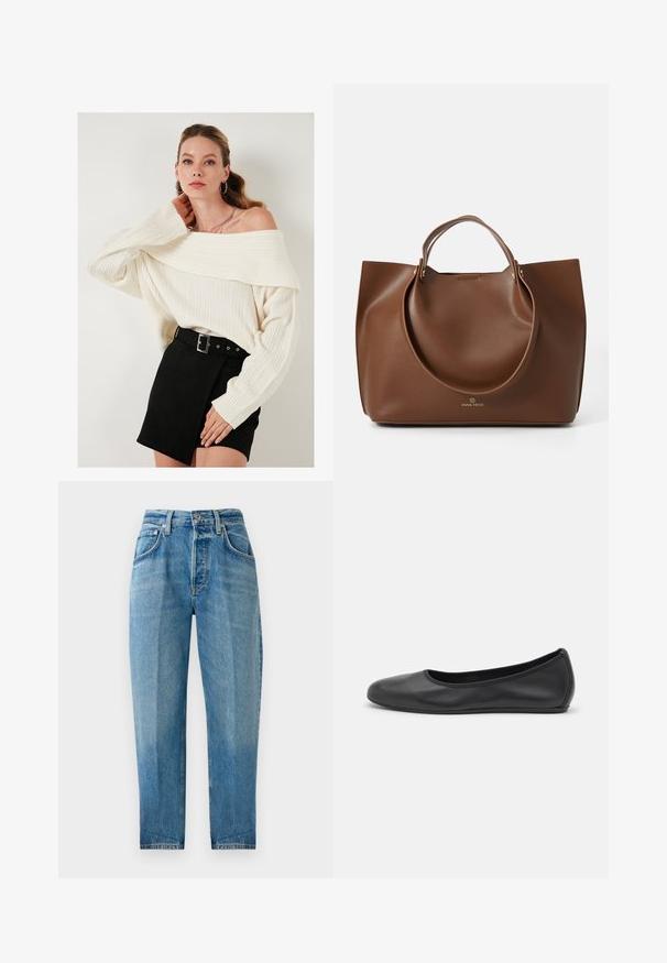 Kremkrāsas plecus atstājušais džemperis ar ribotu faktūru, savienots ar augsto vidukli melnu zamšādas svārku ar jostu un sānu akcentiem.; Gai zili džinsi, taisnas kājas griezums, piecu kabatu dizains, izbalējusi krāsa, rāvējslēdzēja aizdare ar pogu un redzamās šuvju detaļas.; Melna ādas baleta kurpe ar noapaļotu purngalu, gludu tekstūru, minimālu šuvju detalizāciju un elastīgu zoles dizainu.; Brūna ādas somiņa ar gludu tekstūru, lielām apaļām rokturiem, minimālisma dizains un logotips iepresēts apakšā.
