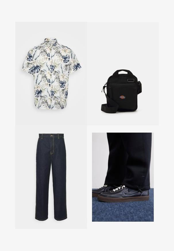 Fehér, hosszú ujjú ing bordázott textúrával, az elején szürke törzsi mintákkal és szürke varrásokkal az oldalsó varratoknál és az ujjaknál.; Rövid ujjú ing, trópusi virág- és levélmintával tengerészkék, zöld és krém színekben, világos háttéren; gombos kialakítás.; Széles lábú sötét farmernadrág sárga varrással, elülső gombos záródással és oldalsó zsebekkel. Sima textúra és tradicionális dizájn.; Nike Sportswear KILLSHOT 2 LTR PRM OPP2 - Sportcipő - black sail baroque brown mtlc dk grey; Fekete keresztpántos táska cipzáras zsebbel, téglalap alakú, szövetből készült, az elején logóval ellátva, állítható vállpánttal.