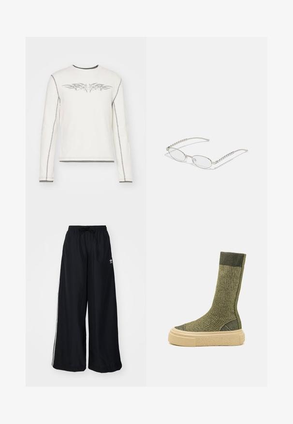 White long-sleeve shirt with ribbed texture, featuring gray tribal patterns on the front and gray stitching along the seams and cuffs.; Black wide-leg pants made from lightweight fabric. Features an elastic waistband with drawstring and white side stripes. Brand logo on hip.; MM6 Maison Margiela Platform boots - olivine; Oval glasses with a metallic silver frame, clear lenses, and textured beaded temple accents. Lightweight design with curved arms.