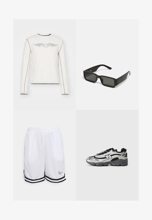 Camicia bianca a maniche lunghe con texture a costine, caratterizzata da motivi tribali grigi sul davanti e cuciture grigie lungo le cuciture e i polsini.; Pantaloni sportivi bianchi realizzati in un tessuto leggero, con orlo a strisce nere e un logo distintivo sul lato anteriore in basso a sinistra.; Scarpe sportive argento e nere con tomaia in rete, suola imbottita, design con lacci e dettagli di branding laterali.; Occhiali da sole neri con lenti rettangolari, montatura in plastica opaca e bordi dritti. Presentano il logo del marchio sulla parte interna del braccio.