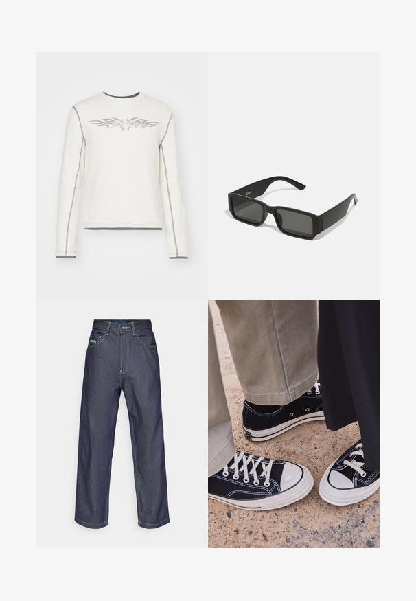 Biała koszula z długim rękawem o prążkowanej strukturze, z szarymi wzorami plemiennymi z przodu i szarym przeszyciem wzdłuż szwów i mankietów.; Granatowe dżinsy typu wide-leg z denimu, z białymi szwami. Posiadają pięć kieszeni oraz małą zieloną naszywkę z logo z przodu.; Czarne płócienne trampki z białymi gumowymi czubkami i sznurówkami. Kontrastowe przeszycia i metalowe oczka dodają szczegółów. Noszone z beżowymi spodniami i czarnym materiałem.; Czarne okulary przeciwsłoneczne z prostokątnymi soczewkami, matowa plastikowa oprawka i proste krawędzie. Posiadają logo marki na wewnętrznej stronie ramienia.