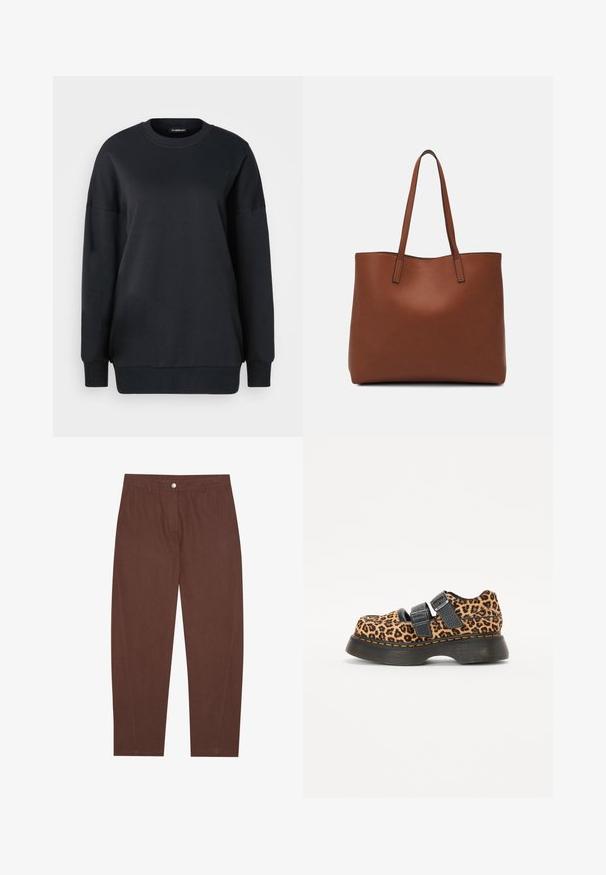 Black sweatshirt made from cotton, featuring a round neckline, long sleeves, and a relaxed fit. Smooth texture with ribbed cuffs and hem.; Brown cotton trousers with a straight-leg design, featuring a front button closure and side pockets. Smooth texture with minimal stitching details.; Leopard print shoes with a sturdy black rubber sole, featuring two adjustable black straps and contrasting orange stitching along the edge.; Brown leather tote bag with a smooth texture, open top design, and two shoulder straps. Features minimal stitching and no visible hardware.