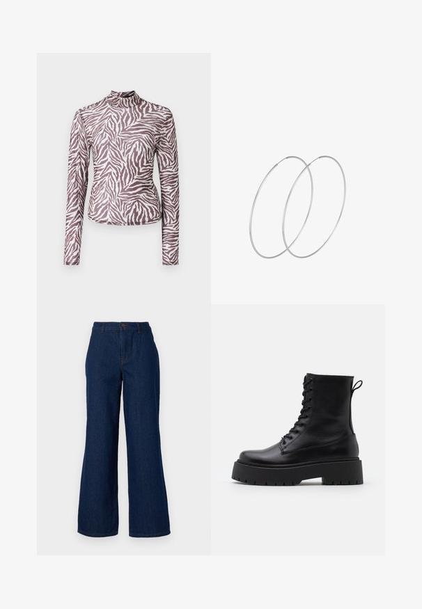 Schwarzes, schulterfreies, geripptes Strickcroptop mit langen Ärmeln, das über einen gefalteten Ausschnitt und eine eng anliegende Silhouette verfügt.; Langarmshirt aus halbtransparentem Material mit einem braun-weißen Zebramuster, hohem Kragen und schmaler Passform.; Dunkelblaue Denim-Hosen mit weitem Bein und hoher Taille, mit vorderem Knopfverschluss und dezenten Nähdetails. Glatte Textur ohne Muster.; Schwarze Lederstiefeletten mit runder Zehenpartie, Schnürung vorne und einer dicken Gummisohle mit strukturiertem Profil. Mit Zugschlaufe an der Rückseite.; Silberne Creolen mit minimalistischem Design. Rundform, glatte Oberfläche und dünnes Profil. Leichtgewichtig mit hochglänzender Oberfläche.