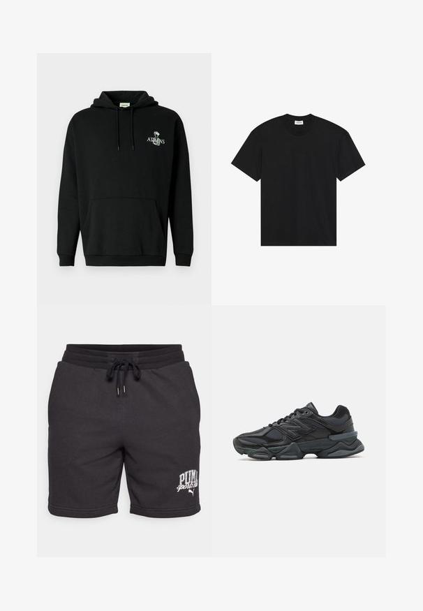 Črna kapa iz bombaža z žeparsko žepno sprednjo stranjo. Ima belo grafično tiskanje z napisom "ATHENS" in dizajnom nad njim.; Črna kratkodlaka majica iz bombaža. Ima klasičen okrogel izrez in sproščen kroj brez vidnih vzorcev ali dodatkov.; Črne bombažne kratke hlače z vrvico v pasu, stranskimi žepi in natisnjenim logotipom "PUMA sports club". Mehka tekstura in sproščen dizajn.; Črne tekaške superge, ki združujejo mrežaste in sintetične materiale, imajo debel podplat, ukrivljen oblikovni slog ter izrazito blagovno znamko na strani.