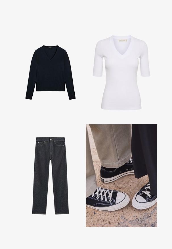Maglione a maniche lunghe blu navy con scollatura a V, polsini a costine e orlo dritto, realizzato in un morbido tessuto texturizzato.; Top bianco a maniche corte con scollo a V. Il tessuto è liscio, ha una forma aderente e presenta una branding minimale sull'orlo.; Jeans dritti blu scuro con cinque tasche, rivetti metallici e chiusura a bottone in vita.; Sneakers neri in tela con punte e lacci bianchi in gomma. Le cuciture a contrasto e i fori in metallo aggiungono dettagli. Indossati con pantaloni beige e un tessuto nero.