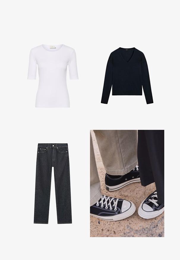 Maglione a maniche lunghe blu navy con scollatura a V, polsini a costine e orlo dritto, realizzato in un morbido tessuto texturizzato.; Maglietta bianca aderente realizzata in tessuto liscio, con scollo tondo e maniche corte, senza motivi o dettagli visibili.; Jeans dritti blu scuro con cinque tasche, rivetti metallici e chiusura a bottone in vita.; Sneakers neri in tela con punte e lacci bianchi in gomma. Le cuciture a contrasto e i fori in metallo aggiungono dettagli. Indossati con pantaloni beige e un tessuto nero.