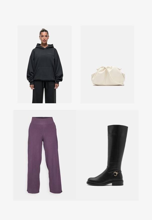 Czarna, oversize bluza z kapturem, wykonana z miękkiego materiału, z kieszenią kangurkową, sznurkiem ściągającym oraz delikatnym wytłoczonym detalem logo na piersi.; Yogasearcher RAVANA liliowy; Anna Field Wide Fit - Kozaki; Kremowa, miękka torba z sztucznej skóry o marszczonym wzorze, z regulowanym paskiem i subtelnym zapięciem na sznurek. Gładka faktura i zaokrąglony kształt.; Srebrne kolczyki w kształcie kropli z zaokrąglonymi, odbijającymi światło powierzchniami; minimalistyczny design z gładką fakturą i subtelnym detalem brandingowym.