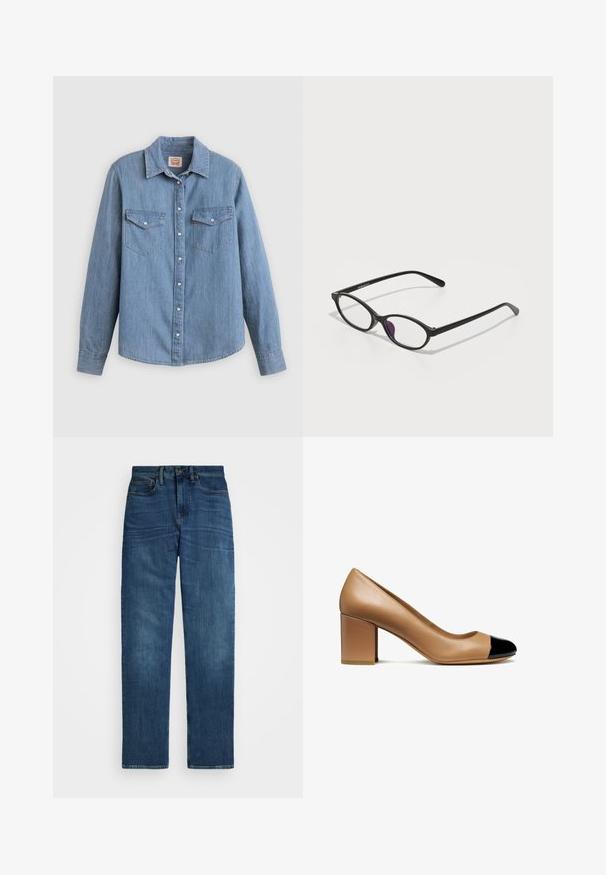 V-neck sweater in light brown, made of soft material. Features ribbed cuffs and hem, with a relaxed fit and long sleeves.; Light blue denim shirt with long sleeves, button front, two chest pockets, and a classic collar. Smooth texture and relaxed fit.; Dark blue denim jeans with a straight cut, single-button closure, and standard belt loops. Features subtle fading and classic five-pocket design.; Beige leather pump with a rounded toe and a black patent cap, featuring a block heel and smooth texture.; Black plastic eyeglasses with an oval shape, featuring clear lenses and one purple accent on the left lens. Sleek, minimal design.