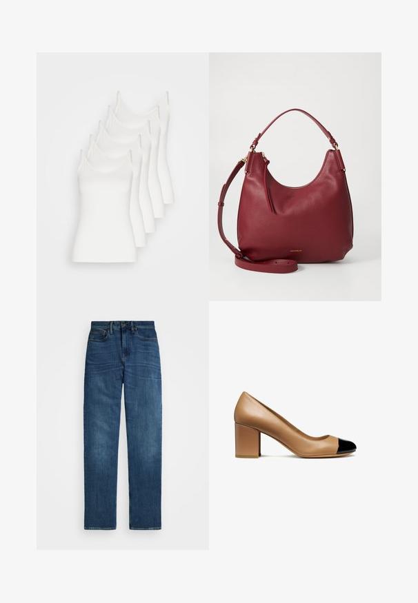 V-Ausschnitt-Pullover in Hellbraun, aus weichem Material gefertigt. Mit gerippten Bündchen und Saum, lässiger Passform und langen Ärmeln.; Fünf weiße Trägertops mit dünnen Trägern, aus glattem Stoff, mit figurbetontem Schnitt und ohne nennenswerte Verzierungen.; Dunkelblaue Denim-Jeans mit geradem Schnitt, Ein-Knopf-Verschluss und standardmäßigen Gürtelschlaufen. Sie weisen dezente Ausbleichungen und ein klassisches Five-Pocket-Design auf.; Beige Lederpumps mit runder Spitze und schwarzem Lackkappen, ausgestattet mit einem Blockabsatz und glatter Textur.; Hobo-Tasche aus tiefrotem, genarbtem Leder, mit einem goldenen Reißverschluss, verstellbarem Schultergurt und dezentem Logo-Akzent an der Basis.; Silberne Creolen mit einer glatten, polierten Oberfläche. Runder Form und sicherem Klickverschluss. Leichtes Design, geeignet für den täglichen Gebrauch.