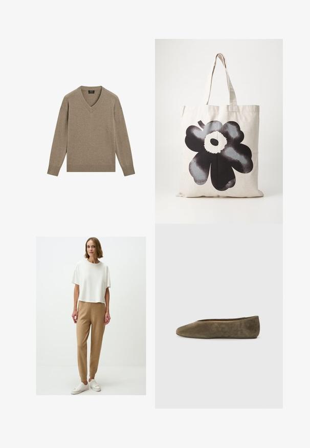 Sweter w serek w jasnobrązowym kolorze, wykonany z miękkiego materiału. Posiada ściągacze przy mankietach i dolnym wykończeniu, luźny krój oraz długie rękawy.; Biała, krótko rękawowa, oversize'owa koszulka, w zestawie z jasnobrązowymi, tapered spodniami dresowymi z prążkowanymi mankietami i białymi trampkami. Gładka tekstura.; Zielono-oliwkowe baleriny z zamszu o gładkim, zaokrąglonym nosku i niskim profilu. Gładka faktura bez widocznych elementów metalowych czy akcentów.; Torba płócienna w jasnym beżu z dużym, wyrazistym czarnym wzorem kwiatu; posiada solidne uchwyty i fakturowaną powierzchnię tkaniny.; Srebrne kolczyki w kształcie kół z rzędem przezroczystych kamieni i okrągłym kryształowym zawieszeniem. Polerowany metal, elegancki design.
