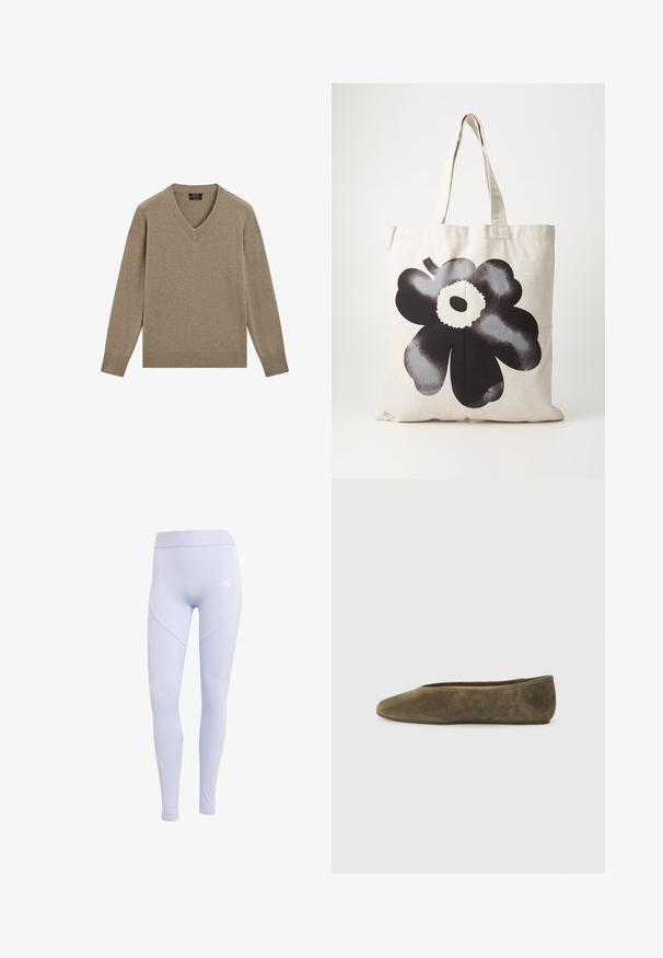 Sweter w serek w jasnobrązowym kolorze, wykonany z miękkiego materiału. Posiada ściągacze przy mankietach i dolnym wykończeniu, luźny krój oraz długie rękawy.; Jasnofioletowe legginsy wykonane z elastycznego materiału z wysokim stanem, z subtelnym logo i bezszwowym panelem bocznym.; Zielono-oliwkowe baleriny z zamszu o gładkim, zaokrąglonym nosku i niskim profilu. Gładka faktura bez widocznych elementów metalowych czy akcentów.; Torba płócienna w jasnym beżu z dużym, wyrazistym czarnym wzorem kwiatu; posiada solidne uchwyty i fakturowaną powierzchnię tkaniny.