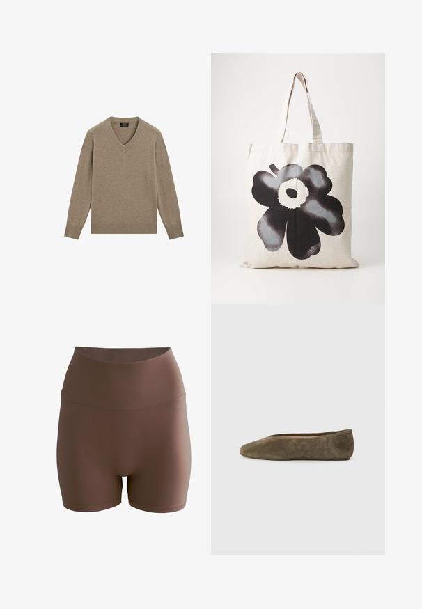 Maglione a V in marrone chiaro, realizzato in materiale morbido. Presenta polsini e orlo a coste, con una vestibilità morbida e maniche lunghe.; aim’n® SHAPE SEAMLESS - Shorts - brown; Ballerine in suede verde oliva con punta arrotondata e un design a profilo basso. Texture liscia senza hardware o accenti visibili.; Borsa a tracolla in tela di un beige chiaro con un grande e audace design di fiore nero; presenta manici robusti e una superficie in tessuto texturizzato.; Orecchini a cerchio in tono argento con una fila di pietre trasparenti e un pendente di cristallo rotondo appeso a ciascuno. Metallo lucido, design elegante.