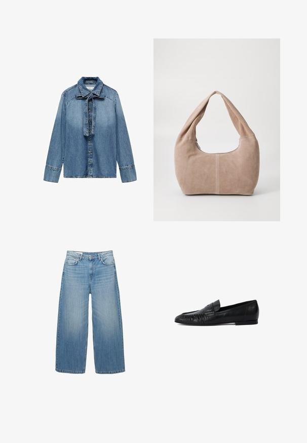 Maglione nero a maglia con scollo rotondo, maniche lunghe e design cropped. Realizzato in un materiale morbido con una texture liscia.; Camicia di denim azzurro chiaro con maniche lunghe, chiusura a bottoni frontale e un dettaglio a fiocco legato al colletto. Presenta la classica texture e cucitura del denim.; Jeans a gamba larga di un blu chiaro in denim, con un classico design a cinque tasche e chiusura con bottone. Texture scolorita in tutta la superficie.; Mocassini in pelle nera con punta arrotondata, dettagli cuciti sul davanti e suola piatta. Design minimalista con un sottile accento del logo.; Borse hobo realizzata in morbido materiale scamosciato di colore beige chiaro. Caratterizzata da una forma arrotondata con una tracolla ampia e chiusura con zip.