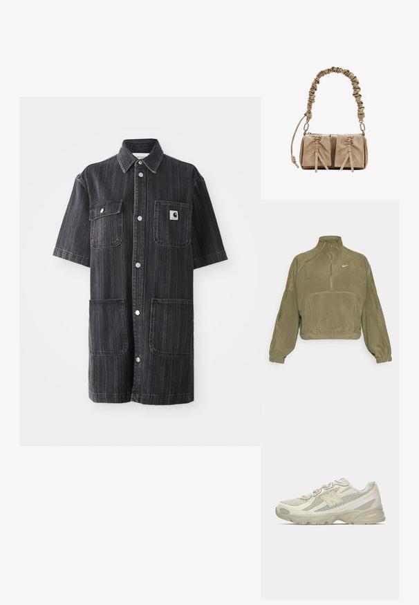 Alkuni žalias flisinis megztinis su pusiau užtrauktuku, priekiu kišene ir Nike logotipu. Yra elastingi rankogaliai ir subtilūs siūlių akcentai.; Tamsiai indigo spalvos džinsinis švarkas trumpomis rankovėmis su vertikaliomis juostelėmis. Jame yra dvi priekinės kišenės ir mažas logotipo ženklelis kairėje krūtinės pusėje.; Lengvi sportbačiai su tinklinėmis viršutinėmis dalimis, pagaminti smėlio ir kreminės spalvos, su išryškintu "N" logotipu, paminkštintu padu ir tekstūruotais akcentais.; Kreminės suedinių rankinės su susiraukšlėjusiu audinio rankena, dviem priekinėm kišenėm su susiraukšlėjusiais uždarymais ir subtiliais tekstūros akcentais.