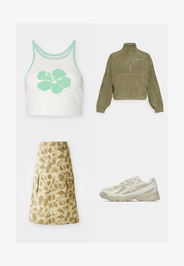 Olívazöld bolyhos pulóver dzseki fél cipzárral, elülső zsebbel és Nike logóval. Rugalmas mandzsettákkal és diszkrét varrású részletekkel rendelkezik.; Fehér rövidített póló menta zöld díszítéssel és egy nagy menta zöld hibiszkusz virág grafikával az elején, alatta kézzel írt szöveges részlettel.; Khaki szoknya, álcázott mintával, sima anyagból készült, rugalmas derékkal és két oldalsó zsebbel.; Könnyű sneaker, hálós felsőrésszel bézs és krém színben, kiemelkedő "N" logóval, párnázott talppal és texturált részletekkel.
