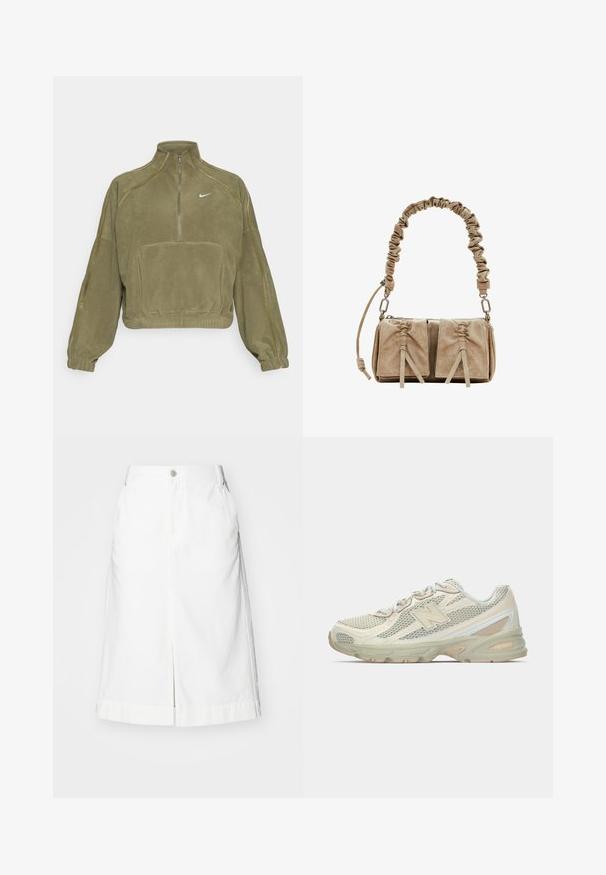 Pulover jachetă din fleece verde măsliniu cu fermoar pe jumătate, buzunar frontal și logo Nike. Dispune de manșete elastice și accente subtile de cusătură.; Fustă din denim alb, cu croială dreaptă, deschidere frontală și închidere cu un singur buton metalic la talie. Include buzunare laterale și tiv lucrat.; Adidași ușori cu un meld de plasă bej și crem, având un logo „N” proeminent, talpă cu pernuțe și accente texturate.; Geantă din suede bej, cu un mânere din țesătură pliată, două buzunare frontale cu închideri strânse și accente subtile de textură.
