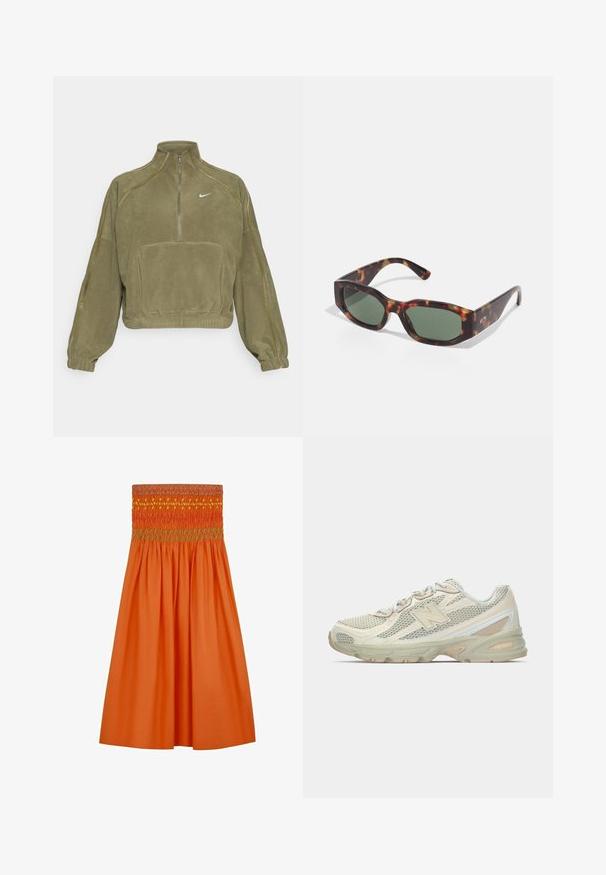 Olivgrön fleece-pullov med halv dragkedja, framficka och Nike-logotyp. Har elastiska muddarmar och diskreta sömdetaljer.; Orange bomullskjol med smockad midja och flerfärgad brodyr. Utställd design med slät textur, knälängd.; Lätta sneakers med ett mesh-överkänna i beige och kräm, prydda med en framträdande "N"-logotyp, vadderad sula och texturerade detaljer.; Sköldpaddsögon med rektangulära gröna linser, bred båge och tjocka skalmar. Har en elegant design och en slät plaststruktur.