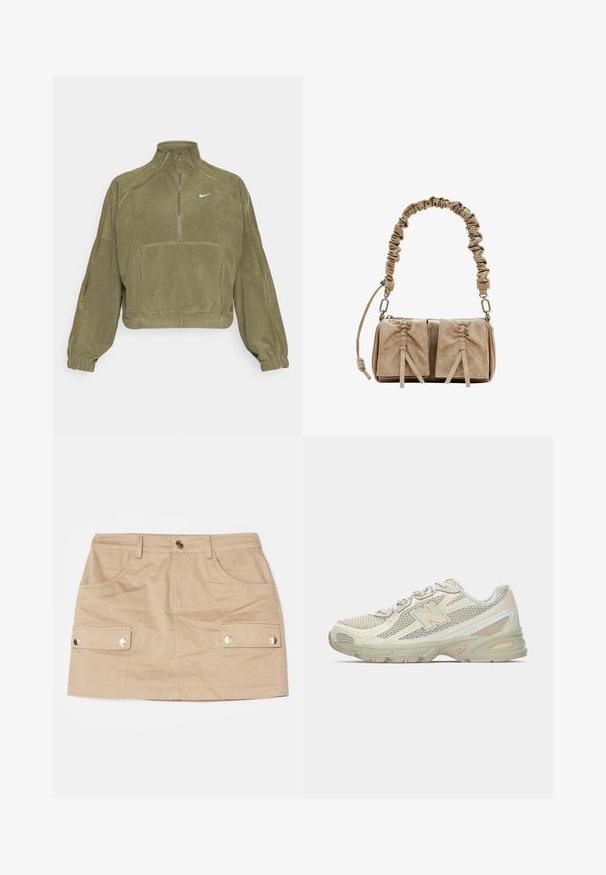 Olive rohelise fliispullover, millel on pool tõmblukk, esitasku ja Nike logo. Omab elastseid mansette ja diskreetseid õmbluse aktsente.; Beige puuvillane mini-seelik, millel on esipocketid ja kaks külgset cargo-pocet. Omab kuldset tooni metallosi ja kontrastset õmblust.; Kerged jõusaalisneakerid, millel on beezist ja kreemist koonus, silmatorkava "N" logoga, pehme tallaga ja tekstuursete aktsentidega.; Beež sametist käekott, millel on kokku tõmmatud kangast käepide, kaks esipocketit, millel on pinguldavad klapid, ja peened tekstuuriaksendid.