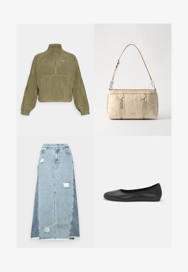 Olívazöld bolyhos pulóver dzseki fél cipzárral, elülső zsebbel és Nike logóval. Rugalmas mandzsettákkal és diszkrét varrású részletekkel rendelkezik.; Farmernadrág szoknya, amely világos és sötétkék szövetek keverékéből készült, kopott foltokkal, magas Derékkal és rojtos szegéllyel.; Fekete bőr balettcipő lekerekített orral, sima tekstúrával, minimális varrással és rugalmas talp kialakítással.; Beige bőrből készült kézitáska ezüst részletekkel, két oldalsó cipzárral, strukturált kialakítással és levehető pánttal a sokoldalúság érdekében.