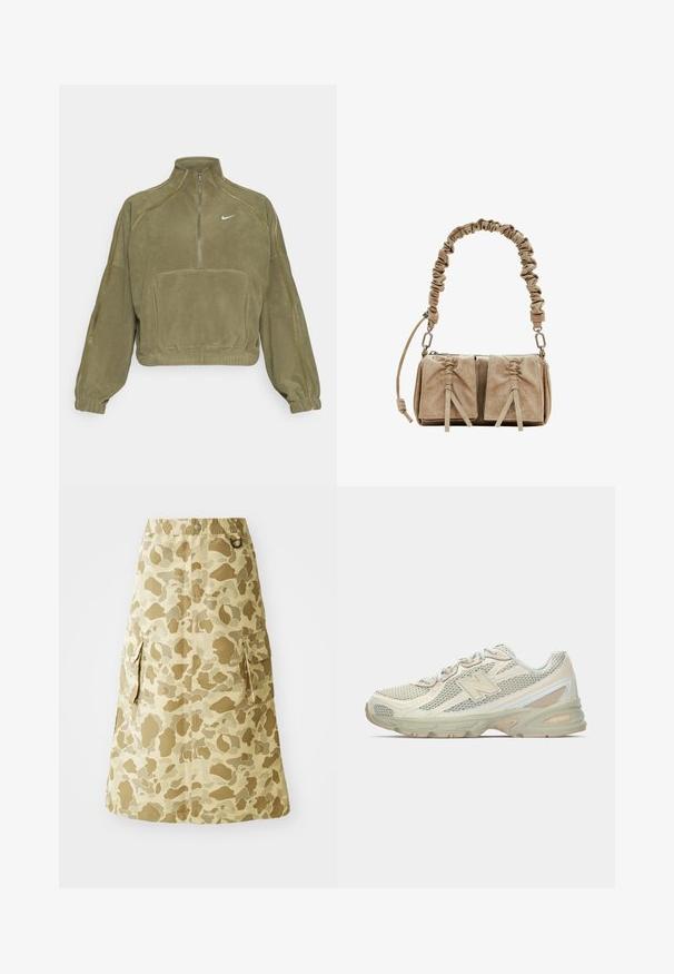 Olivový flísový pulóver so seizivým zipsom, prednou kapsou a logom Nike. Poskytuje elastické manžety a jemné švy.; Khaki sukňa s camouflage vzorom, vyrobená z hladkého materiálu, s elastickým pásom a dvoma bočnými vreckami.; Ľahké tenisky s vrchom z jemnej sieťoviny v béžovej a krémovej farbe, s výrazným logom "N", polstrovanou podrážkou a štruktúrovanými akcentmi.; Béžová semišová kabelka s naťahanou tkaninovou rúčkou, dvoma prednými vreckami so stiahnuteľnými uzávermi a jemnými textúrnymi akcentmi.