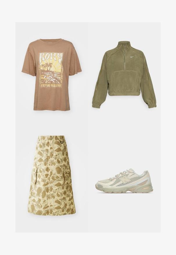 Olivový flísový pulóver so seizivým zipsom, prednou kapsou a logom Nike. Poskytuje elastické manžety a jemné švy.; Hnedé bavlnené tričko s krátkymi rukávmi, s grafickým potlačou palmových stromov a vĺn v žltej a bielej farbe. Text znie "Roxy Surfing Horizons."; Khaki sukňa s camouflage vzorom, vyrobená z hladkého materiálu, s elastickým pásom a dvoma bočnými vreckami.; Ľahké tenisky s vrchom z jemnej sieťoviny v béžovej a krémovej farbe, s výrazným logom "N", polstrovanou podrážkou a štruktúrovanými akcentmi.