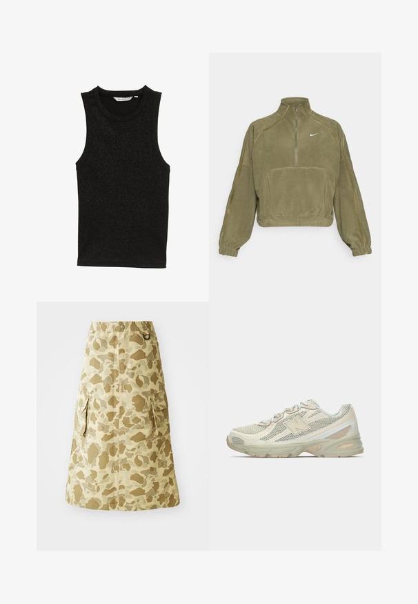 Pulover jachetă din fleece verde măsliniu cu fermoar pe jumătate, buzunar frontal și logo Nike. Dispune de manșete elastice și accente subtile de cusătură.; Top negru fără mâneci, realizat dintr-un material texturat și strălucitor. Are un decolteu rotund și un design mulat, fără ornamente.; Fustă kaki cu un model de camuflaj, confecționată dintr-un material neted, cu un tiv elastic și două buzunare laterale.; Adidași ușori cu un meld de plasă bej și crem, având un logo „N” proeminent, talpă cu pernuțe și accente texturate.