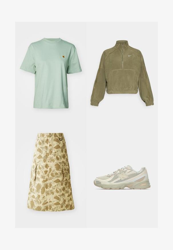 Oliwkowy polarowy sweter z półzamkiem, przednią kieszenią i logo Nike. Posiada elastyczne mankiety oraz subtelne akcenty szwów.; Miętowa bawełniana koszulka z okrągłym dekoltem, krótkimi rękawami i małym haftowanym logo na piersi. Miękka faktura i luźny krój.; Khaki spódnica z wzorem w kamuflaż, wykonana z gładkiego materiału, z elastycznym pasem i dwiema bocznymi kieszeniami.; Lekki obuwie sportowe z siateczkowym wierzchem w odcieniach beżu i kremu, z wyraźnym logo "N", amortyzującą podeszwą oraz teksturowanymi akcentami.