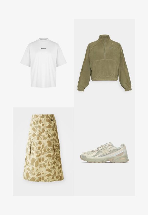 Olivově zelený fleecový pulovr s půlzipem, přední kapsou a logem Nike. Obsahuje elastické manžety a decentní švy.; Bílý bavlněný tričko s vysokým kulatým výstřihem a krátkými rukávy. Na hrudi je vytištěno slovo "PEGADOR" černou barvou uprostřed.; Khaki sukně s maskáčovým vzorem, vyrobena z hladkého materiálu, s elastickým pasem a dvěma bočními kapsami.; Lehké tenisky s vrchní částí ze síťoviny v béžové a krémové barvě, s výrazným logem "N", polstrovanou podrážkou a texturovanými detaily.