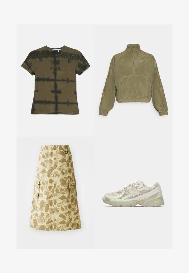 Olīvu zaļš vilnas pusaudžs ar pusi rāvējslēdzēja, priekšējo kabatu un Nike logotipu. Iezīmē elastīgas piedurknes un smalkus šuvju akcentus.; Proenza Schouler White Label BREWER IN GRID TIE DYE - Apdrukāts T-krekls - khaki; Kaki svārki ar kamuflāžas rakstu, izgatavoti no gludas materiāla, ar elastīgu vidukļa joslu un divām sānu kabatām.; Vieglas sporta kedas ar sietu augšpusi smilšu un krēmkrāsā, kurām ir izteikts "N" logos, mīkstināta zole un teksturēti akcenti.