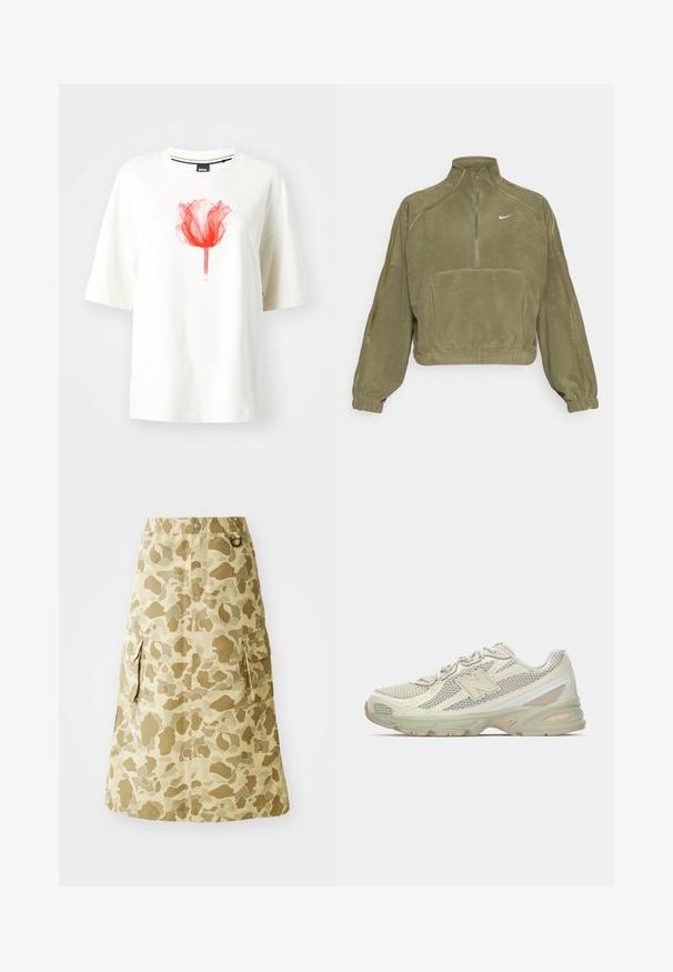 Veste polaire vert olive à demi fermeture éclair, avec une poche avant et le logo Nike. Dotée de poignets élastiques et de coutures discrètes.; T-shirt en coton blanc avec un imprimé graphique de tulipe rouge. Forme ample avec des manches courtes et un design de col rond classique.; Jupe kaki avec un motif camouflage, fabriquée dans un matériau lisse, dotée d'une taille élastique et de deux poches latérales.; Baskets légères avec une tige en maille beige et crème, arborant un logo "N" bien visible, une semelle rembourrée et des accents texturés.