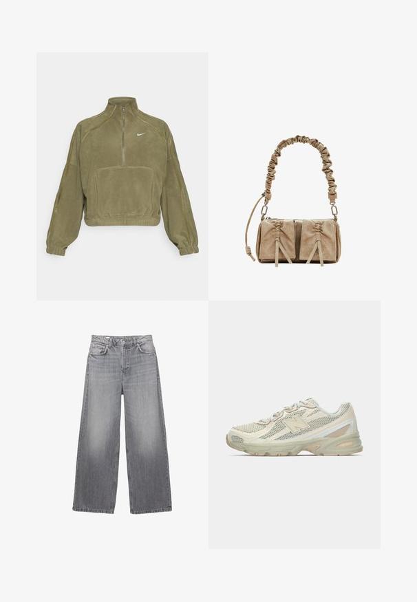 Olivově zelený fleecový pulovr s půlzipem, přední kapsou a logem Nike. Obsahuje elastické manžety a decentní švy.; Šedé džíny s širokými nohavicemi a vysokým pasem, pět kapes, vybledlý vzhled a kontrastní švy. Obsahují zapínání na knoflík a poutka na opasek.; Lehké tenisky s vrchní částí ze síťoviny v béžové a krémové barvě, s výrazným logem "N", polstrovanou podrážkou a texturovanými detaily.; Béžová nubuková kabelka s nařaseným látkovým poutkem, dvěma předními kapsami se stažitelnými uzávěry a jemnými texturovými akcenty.