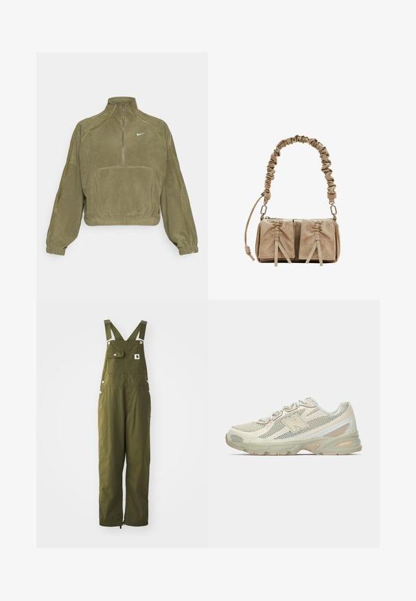 Alkuni žalias flisinis megztinis su pusiau užtrauktuku, priekiu kišene ir Nike logotipu. Yra elastingi rankogaliai ir subtilūs siūlių akcentai.; Alyvuogių spalvos medvilniniai kombinezonai su reguliuojamais petnešomis, priekinė kišenė, užsegimo mygtukai ir laisvas siluetas. Ypatybės: kulkšnies sijonai su elastingomis reguliavimo detalėmis.; Lengvi sportbačiai su tinklinėmis viršutinėmis dalimis, pagaminti smėlio ir kreminės spalvos, su išryškintu "N" logotipu, paminkštintu padu ir tekstūruotais akcentais.; Kreminės suedinių rankinės su susiraukšlėjusiu audinio rankena, dviem priekinėm kišenėm su susiraukšlėjusiais uždarymais ir subtiliais tekstūros akcentais.