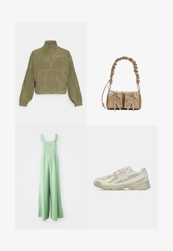 Olivgrüner Fleece-Pullover mit halbem Reißverschluss, Fronttasche und Nike-Logo. Verfügt über elastische Bündchen und subtile Nähte.; Grüne weite Latzhosen aus strukturiertem Stoff, mit verstellbaren Trägern und Fronttaschen mit messingfarbenen Knöpfen.; Leichte Sneakers mit einem Obermaterial aus Netz in Beige und Creme, ausgestattet mit einem auffälligen "N"-Logo, gepolsterter Sohle und strukturierten Akzenten.; Beige Wildleder-Handtasche mit einem gerafften Stoffgriff, zwei vorderen Taschen mit Zugverschluss und subtilen Texturakzenten.