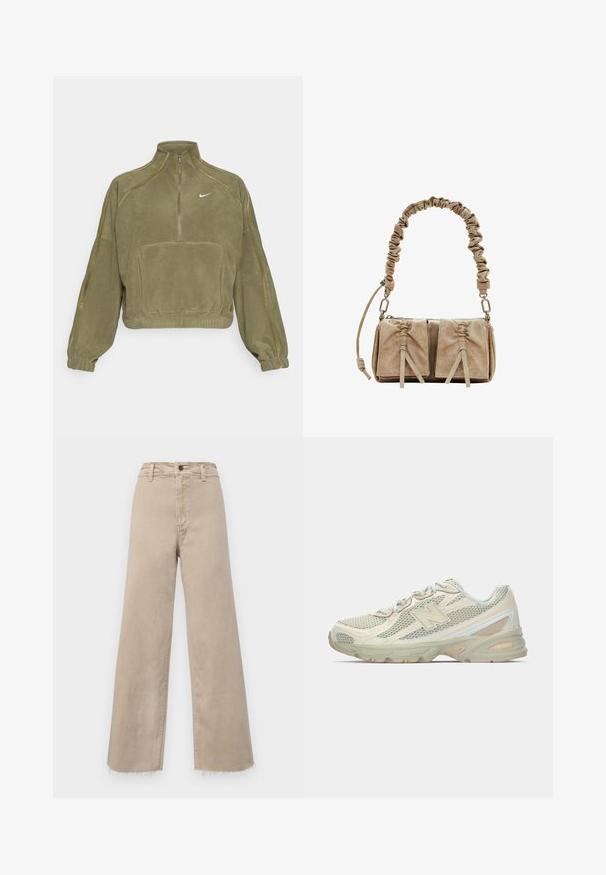 Olijfgroene fleece pullover jas met een halve rits, een zak aan de voorkant en het Nike-logo. Voorzien van elastische boorden en subtiele naadaccenten.; Beige wijde jeans van denim, met een hoge taille, rafelige zoom en klassiek vijf-pocket ontwerp. Geschikt voor casual draag.; Lichte sneakers met een bovenwerk van mesh in beige en crème, met een opvallend "N"-logo, een gevoerde zool en textuuraccenten.; Beige suede handtas met een gathered stofhandvat, twee voorkanten met cinched sluitingen en subtiele textuurelementen.