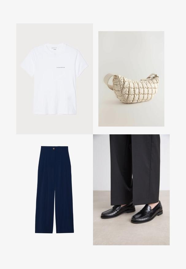 Soaked in Luxury BABBETTE - Strickpullover - dark gull gray; Weißes Baumwoll-T-Shirt mit kurzen Ärmeln, rundem Halsausschnitt und einem kleinen schwarzen "VICTORIA BECKHAM" Logo auf der Brust. Minimalistisches Design.; Marineblaue weit geschnittene Hose aus weichem Material, mit Bundfalten, Knopfverschluss und zwei seitlichen Taschen.; Schwarze Lederloafers mit glatter Oberfläche, genähten Details um die Zehen und einer niedrigen Gummisohle. Kombiniert mit weiten schwarzen Hosen.; Beige gesteppte Handtasche mit runder Form, aus glattem, gepolstertem Material gefertigt, mit einem Reißverschluss und einem einzelnen Tragegurt.