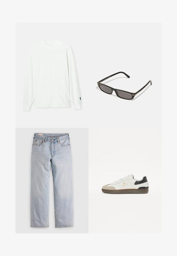White long-sleeve pullover with a rounded neckline, ribbed cuffs, and a central seam running vertically down the front. Soft fabric.; White cotton sleeveless tank top with a round neckline, featuring a smooth texture and a fitting shape, designed for casual wear.; Light blue straight-leg jeans with a high waist, button closure, and front and back pockets, displayed on a flat surface.; White and black sneaker made of leather and suede, featuring a rounded toe, textured sole, gold logo, and contrasting heel accent.; Black rectangular sunglasses with dark lenses. Plastic frame with a matte finish. Gold accents on the arms and logo branding.