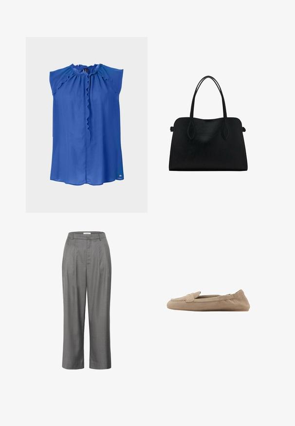 Grå cropped sweater lavet af blødt, fuzzy materiale. Har lange ærmer og en rund halsudskæring med en glat, let tekstur.; Blå ærmeløs bluse med rynket hals, glat tekstur og en let løstsiddende pasform. Har en knaplukning og et diskret logo ved sømmen.; Grå skræddersyede bukser med lige pasform, der har en plisseret front, glat stoftekstur og et klassisk taljedesign.; Beige ruskind loafers med flad sål, der har en glat tekstur, subtil syning og et slip-on design uden synlig hardware.; Sort læderhåndtaske med dobbelte skulderremme, rektangulær form og minimalistisk design på en hvid baggrund.