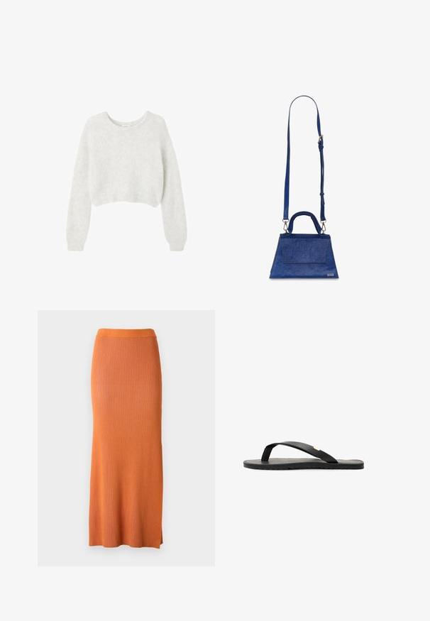 Sweater court gris en matériau doux et duveteux. Comprend des manches longues et un col rond, avec une texture lisse et légère.; Samsøe Samsøe SACHERYL SKIRT - Jupe longue - autumn maple mel; Tongs noires avec une semelle plate, une semelle intérieure texturée noire, des sangles lisses et un petit accent doré près du séparateur de orteils.; Sac à main en simili cuir bleu de forme triangulaire, avec une poignée supérieure et une bandoulière réglable. Il présente une texture lisse et un détail de rabat à l'avant.