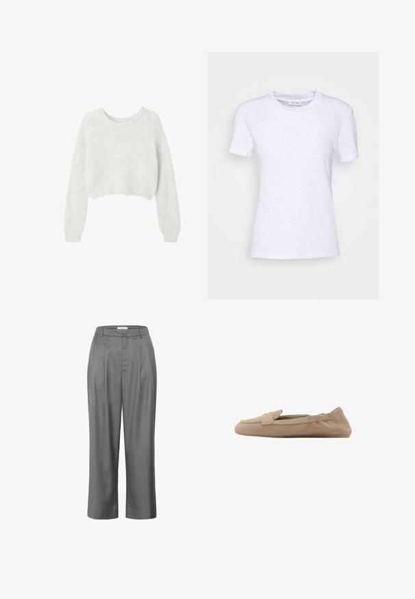 Siv krojen pulover izdelan iz mehkega, puhastega materiala. Ima dolge rokave in okrogel izrez ter gladko, lahko teksturo.; Bela bombažna majica s krojem okoli vratu, kratkimi rokavi in rahlo teksturirano površino. Brez vidnih vzorcev ali dodatkov.; Sive hlače s krojem naravnost, ki imajo nabran sprednji del, gladko teksturo tkanine in klasično zasnovo pasu.; Bež svetleče loafers s ravnim podplatom, ki imajo gladko teksturo, diskretno šivanko in zasnovo za obuvanje brez vidnih dodatkov.