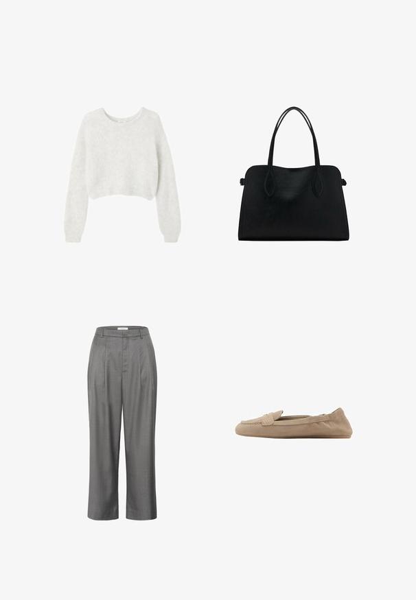 Szary krótkostrzyżony sweter wykonany z miękkiego, puszystego materiału. Posiada długie rękawy i okrągły dekolt, z gładką, lekką teksturą.; Biała bawełniana koszulka z okrągłym dekoltem, krótkimi rękawami i lekko teksturowaną powierzchnią. Brak widocznych wzorów lub elementów metalowych.; Szare spodnie o prostym kroju, z plisowanym przodem, gładką teksturą materiału oraz klasycznym krojem pasa.; Beżowe zamszowe mokasyny na płaskiej podeszwie, o gładkiej fakturze, subtelnym przeszyciu i fasonie typu slip-on bez widocznych elementów metalowych.; Czarna skórzana torba na ramię z podwójnymi paskami, prostokątny kształt i minimalistyczny design na białym tle.