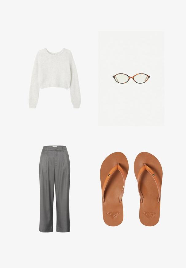 Grå kortärmad tröja gjord av mjukt, fluffigt material. Har långa ärmar och en rund halsringning, med en slät, lätt textur.; Vit bomulls t-shirt med rund hals, korta ärmar och en något texturerad yta. Inga synliga mönster eller metallföremål.; Grå skräddarsydda byxor med rak passform, med en veckad front, slät tygstruktur och en klassisk midjedesign.; Bruna syntetiska flip-flop sandaler med orange remmar, texturerad yta och präglad hjärtlogotypdetalj på sulan.; Sköldpaddsmönstrade glasögon med ovala linser och en elegant, slät yta. Har tunna sidor med en subtil kurva vid tinningarna. Klara linser.