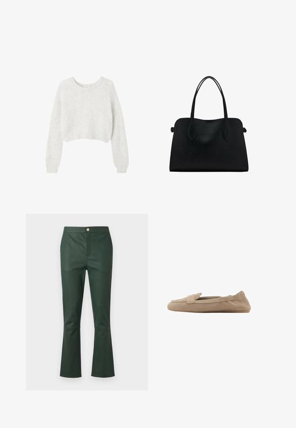 Grijze cropped trui gemaakt van zacht, fuzzy materiaal. Heeft lange mouwen en een ronde halslijn, met een gladde, lichte textuur.; Witte katoenen T-shirt met een ronde hals, korte mouwen en een licht gestructureerd oppervlak. Geen zichtbare patronen of hardware.; Donkergroene leren flare-pantalons met een hoge taille, voorzien van een voorzak en een metalen knoopsluiting. Gladde textuur, geen patronen.; Beige suède instappers met een platte zool, voorzien van een gladde textuur, subtiele stiksels en een instapontwerp zonder zichtbare hardware.; Zwarte leren handtas met dubbele schouderriemen, rechthoekige vorm en minimalistisch ontwerp op een witte achtergrond.