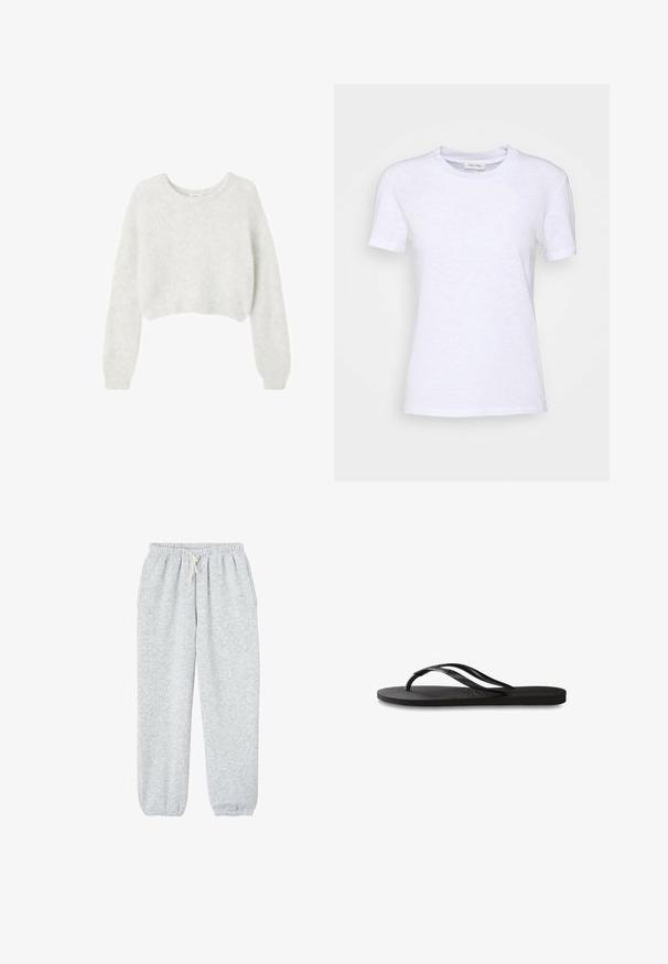 Suéter corto gris hecho de material suave y peludo. Presenta mangas largas y un escote redondo, con una textura ligera y suave.; Camiseta de algodón blanca con cuello redondo, mangas cortas y una superficie ligeramente texturizada. Sin patrones ni elementos metálicos visibles.; Pantalones de chándal grises hechos de una tela suave, con una cinturilla elástica y cordón, y puños elásticos en los tobillos.; Chanclas negras con suela de goma texturizada, dos tiras delgadas y un sutil detalle de logo en relieve en la tira.