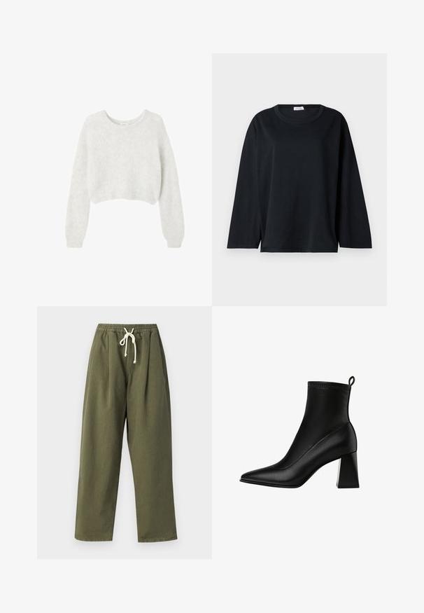 Szary krótkostrzyżony sweter wykonany z miękkiego, puszystego materiału. Posiada długie rękawy i okrągły dekolt, z gładką, lekką teksturą.; Czarna koszulka z długim rękawem, wykonana z bawełny, z okrągłym dekoltem, luźnym krojem i bocznymi rozcięciami przy dolnym brzegu, co zapewnia swobodę ruchów.; Oliwkowe spodnie z szerokimi nogawkami, elastycznym pasem i białym sznurkiem. Tkanina ma delikatną fakturę prążkową.; Stradivarius - Botki