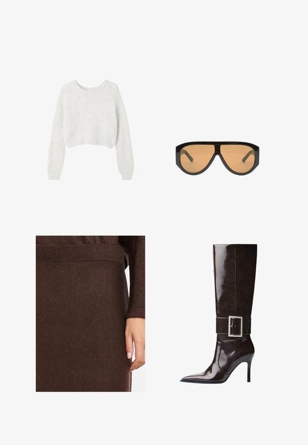 Šedý krátký svetr vyrobený z měkkého, chlupatého materiálu. Má dlouhé rukávy a kulatý výstřih, s hladkou a lehkou texturou.; Krátký rukáv, světle krémový top s kulatým výstřihem, vyrobený z měkké látky. Má volný střih a hladkou texturu, vhodný pro vrstvení.; Tmavě hnědý pletený svetr s ribovanými manžetami a lemem, který má jemný lesk. Materiál vypadá měkký a texturovaný. Je vidět jedna ruka.; Tmavě hnědá kožená vysoká bota do kolen s špičatou špičkou, jehlovým podpatkem a širokým páskem s velkou obdélníkovou stříbrnou sponou.; Černé oversized sluneční brýle s hnědými skly, které mají široké, úhlové rámy a rovné nožičky. Hladký lesklý povrch, minimální hardware.