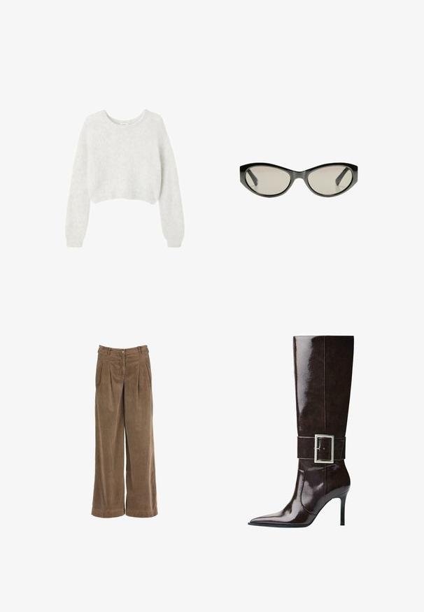 Sivi skraćeni pulover od mekog, dlačastog materijala. Ima duge rukave i okrugli izrez, s glatkom, laganom teksturom.; Majica kratkih rukava, svijetle krem boje s okruglim izrezom, izrađena od mekanog materijala. Ima opušteni kroj i glatku teksturu, prikladna za nošenje u slojevima.; Smeđe kord traperice širokih nogavica s prednjim plisama, kopčanjem na dugme i teksturiranom tkaninom. Imaju visoki struk i ravne nogavice.; Tamnosmeđe kožne čizme do koljena s oštrim vrhom, potpeticom u stiletto stilu i širokim remenom s velikom pravokutnom srebrnom kopčom.; Crne mačke-oko naočale s sivim zateznim staklima. Plastični okvir s oštrim rubovima i glatkom, sjajnom završnom obradom.
