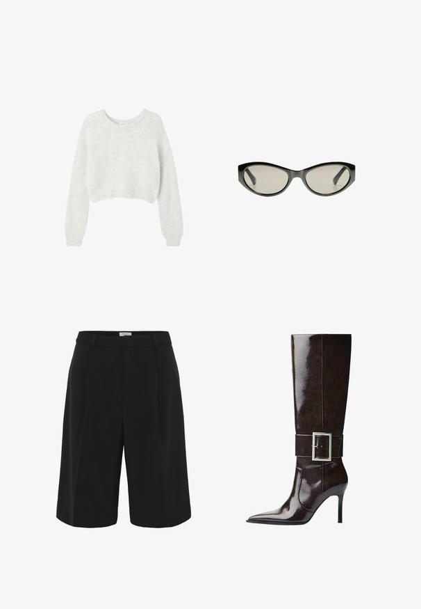 Grå kortärmad tröja gjord av mjukt, fluffigt material. Har långa ärmar och en rund halsringning, med en slät, lätt textur.; Kortärmad, ljuskrämfärgad topp med rund hals, tillverkad av mjukt tyg. Har en avslappnad passform och slät textur, vilket gör den lämplig för lager-på-lager-stil.; Part Two KAIRAPW - Shorts - black; Mörkbrun knähög läderstövel med spetsig tå, stilettklack och bred rem med stort rektangulärt silverspänne.; Svarta cat-eye solglasögon med gråtonade linser. Plastbågen har skarpa kanter och en slät, blank yta.