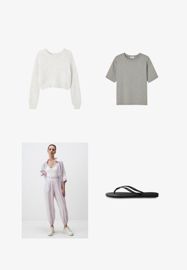 Gray cropped sweater made from soft, fuzzy material. Features long sleeves and a round neckline, with a smooth, lightweight texture.; Gray short-sleeve T-shirt made of soft cotton, featuring a crew neck and relaxed fit with no prominent patterns or accents.; Light purple, loose-fitting joggers with elastic waist, paired with a white tank top and a short-sleeved button-up shirt. White sneakers.; Black flip-flop featuring a textured rubber sole, two slender straps, and a subtle, embossed logo detail on the strap.