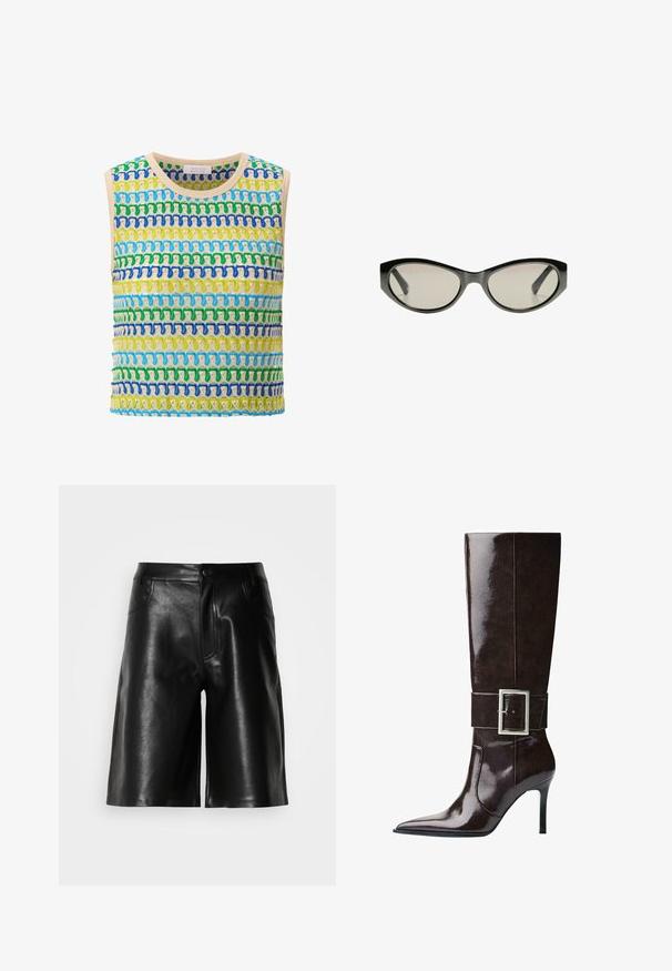 Maglione grigio corto realizzato in materiale morbido e peluche. Presenta maniche lunghe e un collo tondo, con una texture liscia e leggera.; Top senza maniche lavorato a maglia con strisce orizzontali in verde, blu e giallo, con rifinitura beige. Tessuto morbido, design a trama aperta.; Shorts neri in pelle con una texture liscia, dotati di tasche anteriori, patta con zip e una vestibilità sartoriale.; Stivale in morbida pelle marrone scuro, alto fino al ginocchio, con punta affusolata, tacco a stiletto e ampia fascia con grande fibbia rettangolare in argento.; Occhiali da sole neri a forma di occhio di gatto con lenti grigie. La montatura in plastica presenta bordi affilati e una finitura liscia e lucida.