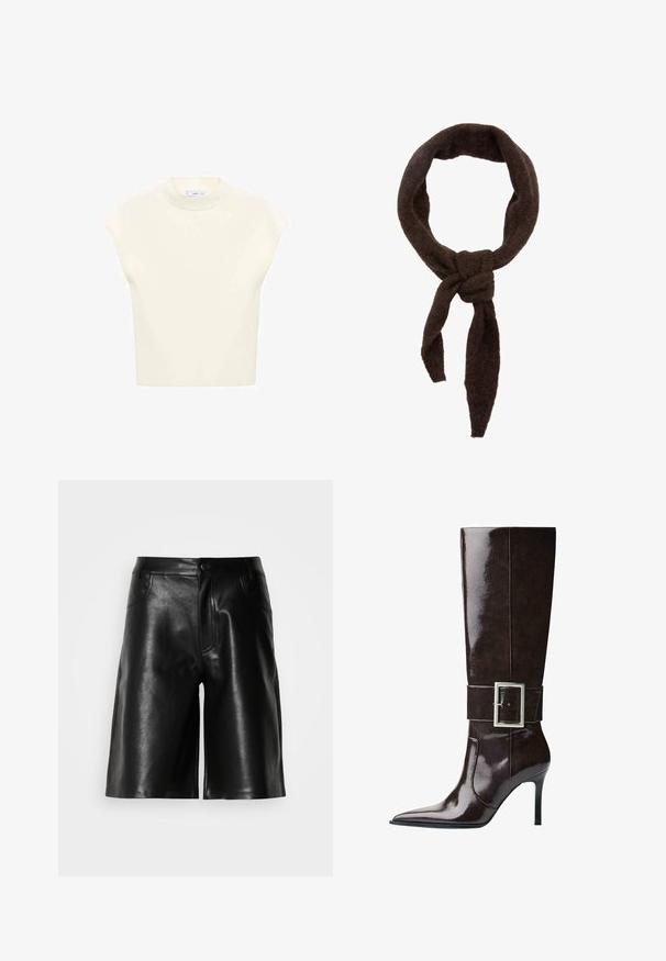 Szary krótkostrzyżony sweter wykonany z miękkiego, puszystego materiału. Posiada długie rękawy i okrągły dekolt, z gładką, lekką teksturą.; Krótki rękaw, jasnobeżowa bluzka z okrągłym dekoltem, wykonana z miękkiego materiału. Charakteryzuje się luźnym krojem i gładką fakturą, idealna do noszenia w warstwach.; Czarne skórzane szorty o gładkiej fakturze, z kieszeniami z przodu, zamkiem błyskawicznym i dopasowanym krojem.; Ciemnobrązowe, skórzane botki do kolan z ostry szpic, szpilką oraz szerokim paskiem z dużą prostokątną srebrną klamrą.; Ciemnobrązowy szalik z teksturowanej tkaniny, zaprojektowany w formie pętli z wiązanym zapięciem. Posiada wydłużone, zwężające się końce.